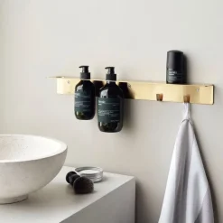 Meraki shelf with bottle hanger and hook, Brushed brass finish Gold-coloured Discount