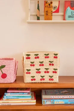 RICE raffia basket with handle 30x30 cm, Cherry Beige