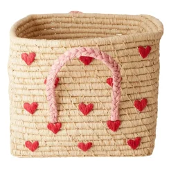 RICE raffia basket with handle 30x30 cm, Red hearts BeigeRedPink Sale