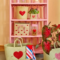 RICE raffia basket with handle 30x30 cm, Red hearts BeigeRedPink Sale