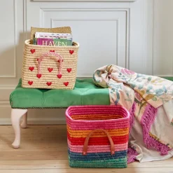 RICE raffia basket with handle 30x30 cm, Red hearts BeigeRedPink Sale