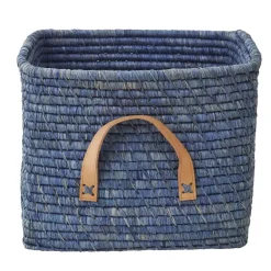 RICE raffia storage basket, Blue Outlet