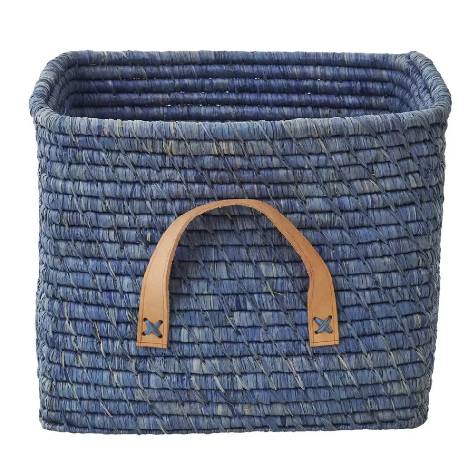 RICE raffia storage basket, Blue Outlet